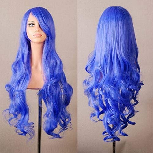 GHK 80 cm Mode Blau Lila Rot Schwarz Lange Wellenförmige Synthetische Perücke Lolita Anime Cosplay Frau Perücken Für Halloween Kostüm Party 13 Farben blau von GHK