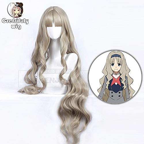 GHK 90cm DARLING in der FRANXX KOKORO Cosplay Perücke Lange gewellte blonde Kunsthaarperücken für Frauen + Perückenmütze von GHK