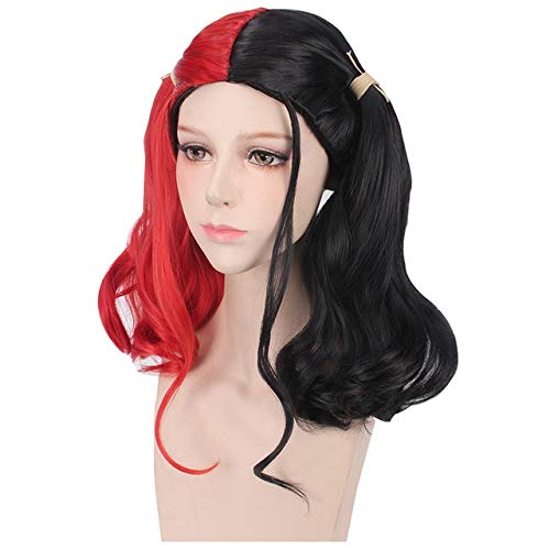 GHK Anime Batman Selbstmord Squad Harleen Quinzel Cosplay Perücke Kunsthaar Halloween Kostüm Pferdeschwanz Perücken Für Frauen Perucas + Cap schwarz rot von GHK