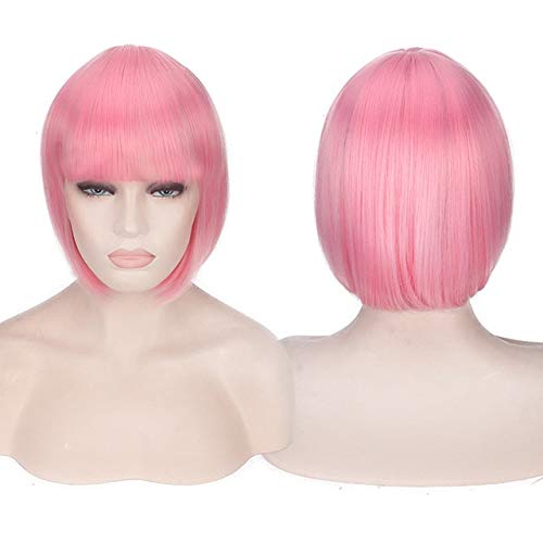 GHK Anime Kurze Cosplay Perücke Kostüm Kunsthaar Rosa Blond Kastanienbraun Grau Grün Rot Blau Weiß Schwarz Kurze Bob Perücken Für Frauen rosa von GHK