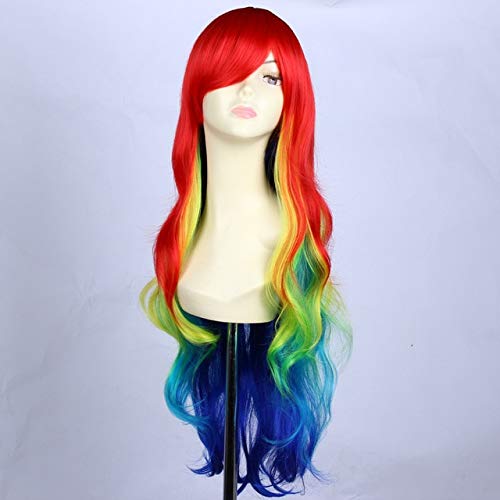 GHK Anime Lange Wellenförmige Regenbogen Party Perücke Mit Pony Synthetische Haar Rot Grün Blau Ombre Cosplay Kostüm Farbige Perücken Für Frauen bunte 2 von GHK