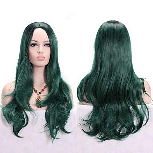 GHK Anime Mittelteil Dunkle Wurzel Schwarz Rosa Blau Lila Ombre Perücke Kunsthaar Lange Wellige Frau Perücken Cosplay Hochtemperaturfaser dunkelgrün von GHK