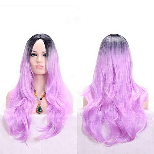 GHK Anime Mittelteil Dunkle Wurzel Schwarz Rosa Blau Lila Ombre Perücke Kunsthaar Lange Wellige Frau Perücken Cosplay Hochtemperaturfaser helllila von GHK