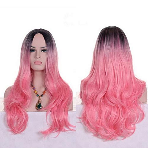 GHK Anime Mittelteil Dunkle Wurzel Schwarz Rosa Blau Lila Ombre Perücke Kunsthaar Lange Wellige Frau Perücken Cosplay Hochtemperaturfaser hellrosa von GHK