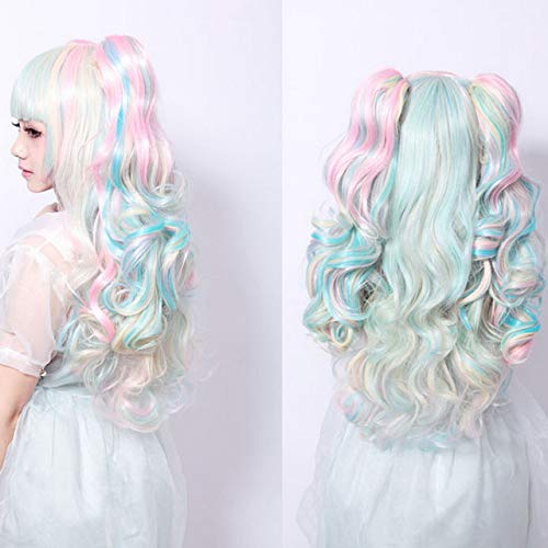 GHK Anime VOCALOID Miku Bunte Harajuku Lolita Lockige Cosplay Perücke Kostüm Kunsthaar Perücken Mit Doppel Clip Pferdeschwänze bunte 2 von GHK