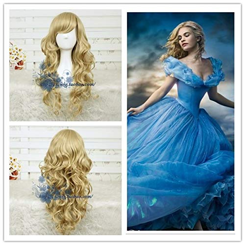 GHK Biamoxer Cinderella Cosplay Perücke Goldene Farbe Rollenspiel Halloween Prinzessin Haar mit Haarnetz Körperwelle von GHK