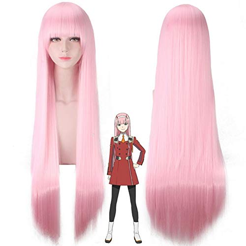 GHK DARLING in der FRANXX 02 Zero Two Anime Cosplay Perücke Mit Pony 100 cm Lange Rosa Gerade Kunsthaar Frau Perücken von GHK