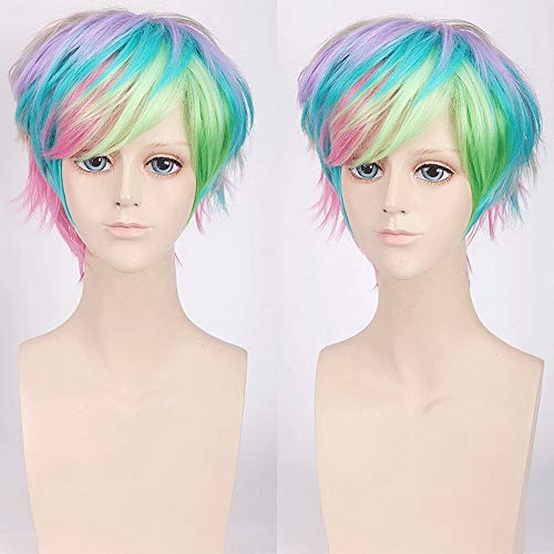 GHK Fashion Günstige Bunte Short Man Perücke Synthetische Haar Regenbogen Farbe Halloween Kostüm Party Rolle Anime Cosplay Perücken + Perücke Kappe von GHK