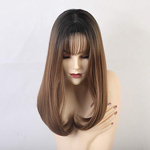 GHK Frauen dünne Pony lange gerade Perücken schwarz Farbverlauf braun Cosplay Perücken natürliche synthetische Perücken hitzebeständige Faser Perücke von GHK