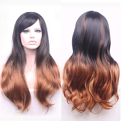 GHK Günstige Anime Lange Wellenförmige Schwarz Braun Ombre Perücke Cosplay Kostüm Two Tone Synthetic Hair Perücken Für Frauen von GHK