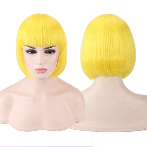 GHK Günstige Kunsthaar Kurze Bob Perücken Mit Pony Rot Blau Gelb Rosa Lila Blond Natürliche Anime Cosplay Perücke Anime Kostüm Gelb von GHK