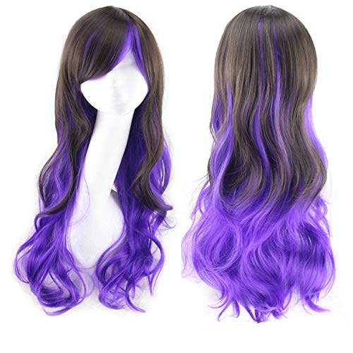 GHK Harajuku Lolita Blau Rosa Ombre Haar Perücken Für Frauen Günstige Anime Cosplay Lange Wellenförmige Synthetische Perücke Mit Pony Für Kostüm Party schwarz blau von GHK