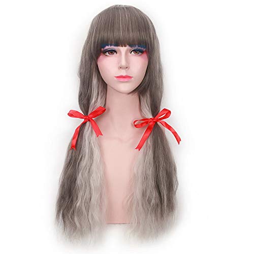 GHK Harajuku Lolita Lange Wellenförmige Bang Perücke Hitzebeständige Synthetische Anime Cosplay Hellgrün Grau Blond Braun Perücken Für Frauen PL-295 von GHK
