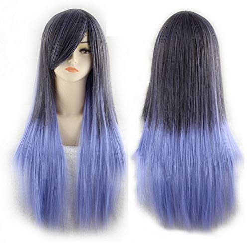 GHK Lange Gerade Schwarz Rot Ombre Perücke Mit Pony Synthetische Harajuku Lolita Haar Anime Cosplay Perücken Für Frauen Freies Verschiffen schwarz blau von GHK
