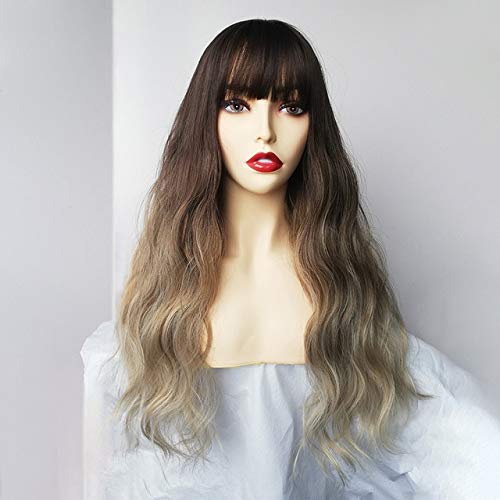 GHK Lange Wellenförmige Gemischte Braune Asche Blonde Hochdichte Temperatur Synthetische Perücken Für Schwarz/Weiß Frauen Glueless Wellenförmige Cosplay Perücke lc227 von GHK