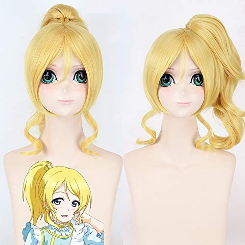 GHK Love Live Ellie Goldene Blonde Cosplay Perücke Lange Wellen Eli Ayase Kunsthaar Damen Perücken Mit Klaue Clip Pferdeschwanz 45cm von GHK
