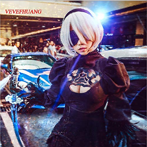 GHK NIER: Automata 2B YoRHa Nr. 2 Typ B Heldin Short White Bobo Cosplay Perücke + Free Black Ribbon von GHK