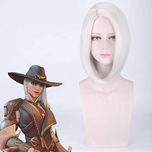 GHK Overwatch Ashe Kurze Weiße Cosplay Perücke Synthetische Haar OW Halloween Kostüm Party Spielen Perücken Perücken von GHK