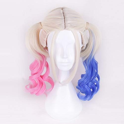 GHK Selbstmordkommando Harleen Quinzel Cosplay Perücke 45cm Schwarz Rot Rosa Blau Ombre Kunsthaar Halloween Kostüm Lange Wellenförmige Pferdeschwanz Perücke rosa blau von GHK