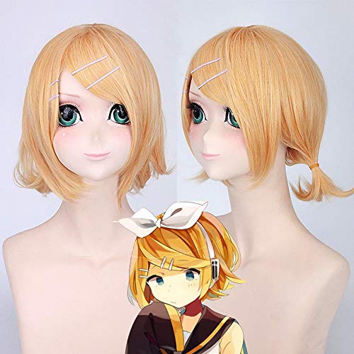 GHK Synthetische Kurze Blonde Perücke Cosplay Vocaloid Kagamine Rin Mit Zwei Kleinen Pferdeschwanz Weibliche Perücken Für Männer von GHK