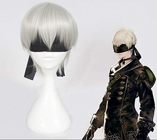 GHK YoRHa No. 9 Model Silver Perücke NieR: Automata 9S Cosplay Perücke mit Black Eye Patch Cosplay Halloween von GHK