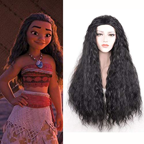 Mädchen Erwachsene Animie Polynesien Prinzessin Moana Perücke 80cm lange gewellte synthetische Haare Kostüm Perücken (schwarz /) + Perücke Kappe als das Bild von SKYXD