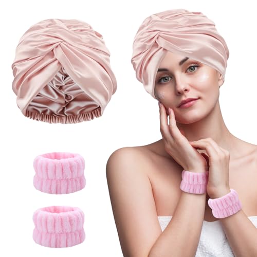 Weiche Haube aus Seide, zweilagig, zum Schlafen mit Gesichtswascharmbändern, elastische Satin-Kappe für Frauen, ideal für Make-up, Hautpflege, lockiges und glattes Haar Weiche Haube aus Seide, zweilagig, zum Schlafen mit Gesichtswascharmbändern, elastische Satin-Kappe für Frauen, ideal für Make-up, Hautpflege, lockiges und glattes Haar von GHKJOK