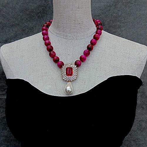 GHNQBAHID 14mm Fuchsia Tiger Eye Necklace 16x26mm Cubic Zirconia Pave White Shell Pearl Pendant For Women Jewelry von GHNQBAHID