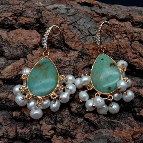 GHNQBAHID 16x25mm Green Chrysoprase Cultured White Pearl Dangle Earrings Drop Earring For Women Gift von GHNQBAHID