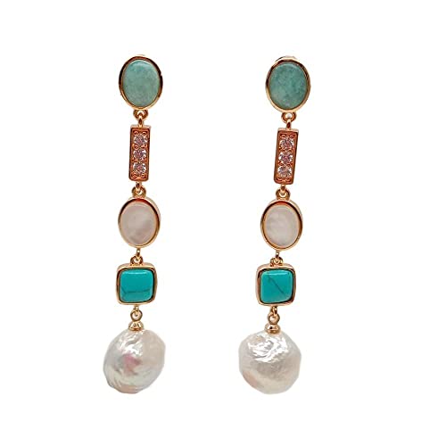 GHNQBAHID 2.3'' geometric gold filled White Keshi Pearl shell Blue crystal pave Dangle Earrings cute for women von GHNQBAHID
