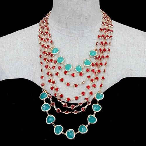 GHNQBAHID 5 Strands Red Heart Shape Rosary Chain Blue Crystal Necklace Women Jewelry von GHNQBAHID
