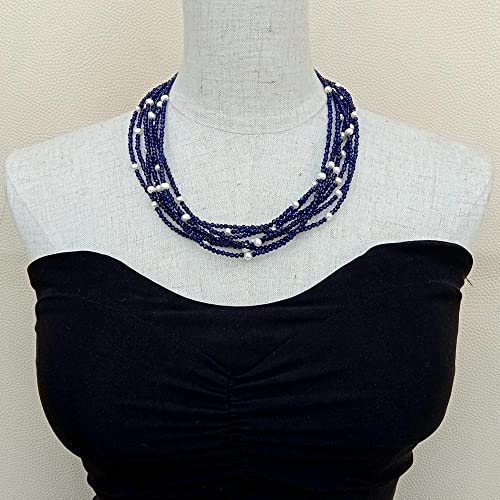 GHNQBAHID 8 Strands Cultured 4-5mm White Pearl 3mm Blue Crystal Necklace Multi Strands Jewelry For Women 20" von GHNQBAHID
