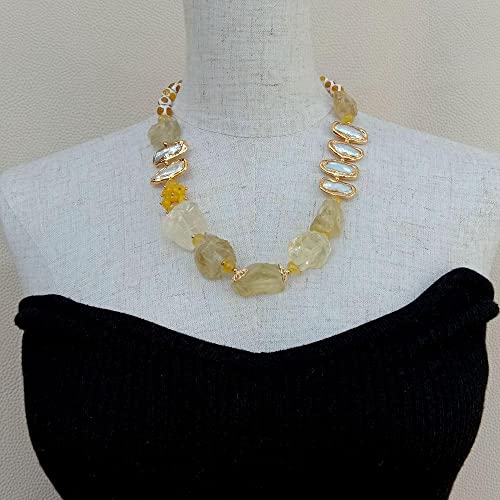 GHNQBAHID Lemon Quartz Rough round Agate White Biwa freshwater Pearl Round choker Necklace 21" for women von GHNQBAHID