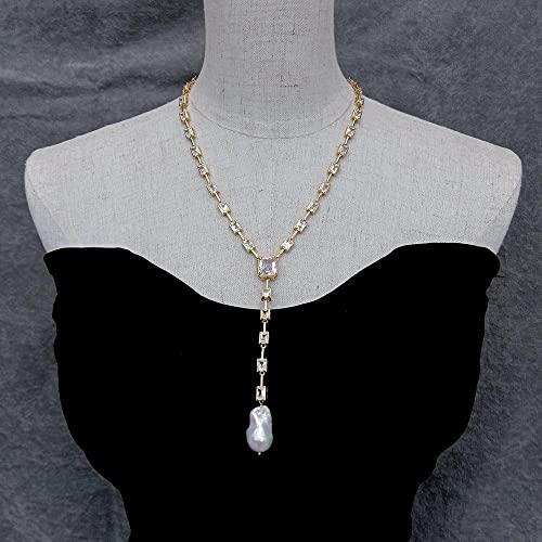 GHNQBAHID Rectangle Cut Clear Cubic Zirconia 14x24mm Cultured White Keshi Pearl Women Wedding Party Necklace Jewelry von GHNQBAHID