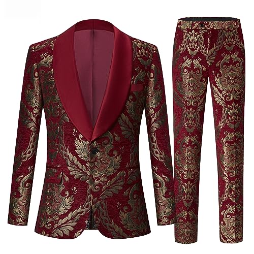 Herren Anzug Jacquard Slim Fit 2-teilig Schal Revers Smoking Hochzeit Party Abschlussball Anzug Set, Weinrot, L von GHNXCY