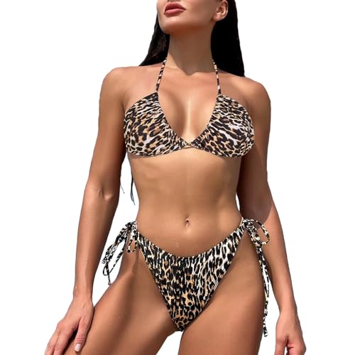 GHOSOHDE Bikini Damen Set Sexy Push Up Tanga Bademode Triangel V Ausschnitt Zweiteiliger Badeanzug Leopardenmuster Bikini Leopard L von GHOSOHDE
