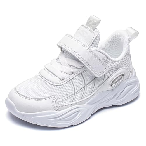 GHOSOHDE Kinder Turnschuhe Jungen Laufschuhe Mädchen Sportschuhe Atmungsaktiv Hallenschuhe Leicht Sneaker Outdoor Freizeitschuhe Weiß 28 von GHOSOHDE