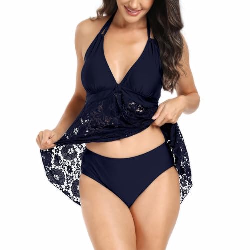 GHOSOHDE Tankini Damen Bauchweg Push Up Badeanzug Sexy V-Ausschnitt Bademode Rückenfrei Badeanzüge Neckholder Spitze Beachwear Dunkelblau XXL von GHOSOHDE