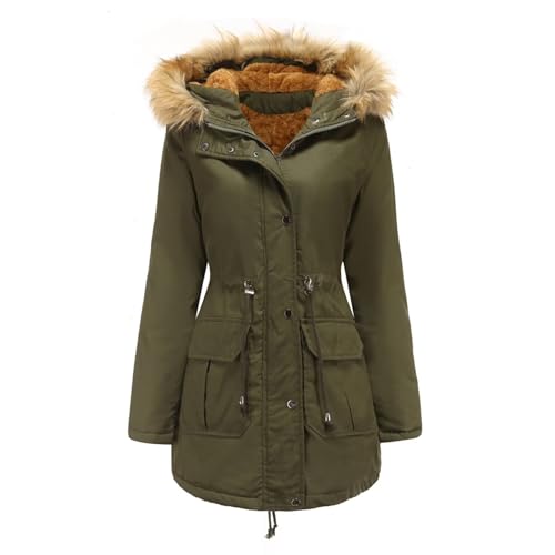 GHOSOHDE Winterparka Damen Warm Winterjacke Lang Gefüttert Wintermantel mit Fellkapuze Parka jacke Große Größen Armeegrün 4XL von GHOSOHDE