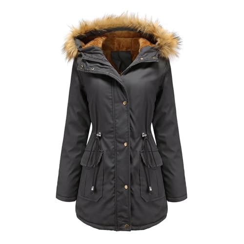 GHOSOHDE Winterparka Damen Warm Winterjacke Lang Gefüttert Wintermantel mit Fellkapuze Parka jacke Große Größen Grau L von GHOSOHDE