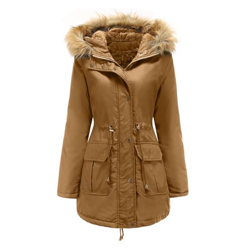 GHOSOHDE Winterparka Damen Warm Winterjacke Lang Gefüttert Wintermantel mit Fellkapuze Parka jacke Große Größen Khaki 3XL von GHOSOHDE