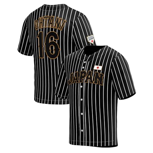 GHOSTWEAR UNLC Herren Ohtani 16# Japan-Baseballtrikot, Nadelstreifen, Schwarz / Weiß, genähte Buchstaben und Zahlen, S bis 3XL, authentisch, Schwarz, XL von GHOSTWEAR