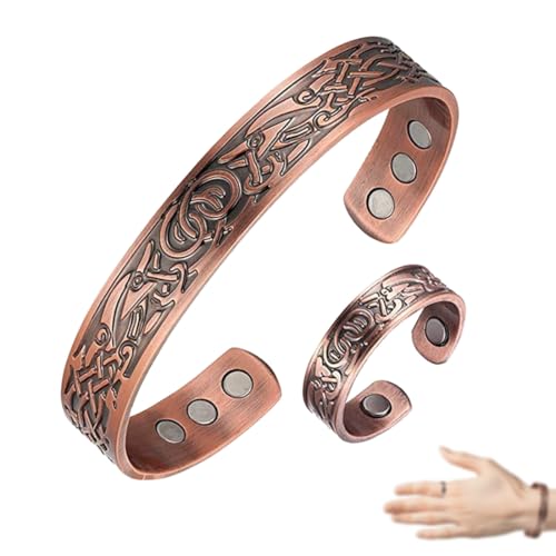 GHPKOTW 2 Magnetisches Kupfer Handgelenkband & Ring für Damen Herren Reines Kupfer-Handgelenkband Lebensbaum Energie-Armband Verstellbar für Weihnachten Geschenke (Bronze) von GHPKOTW