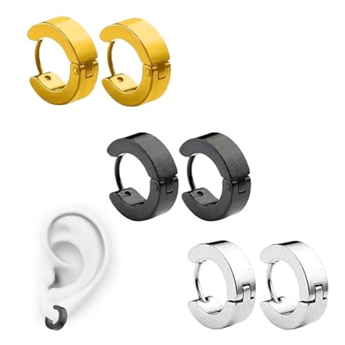 GHPKOTW 3 Paar Klassische Creolen,ohrring,ohrringe herren,ohrringe männer,herren ohrringe,Edelstahl Schwarz/Silber/Gold,Für Damen & Herren von GHPKOTW