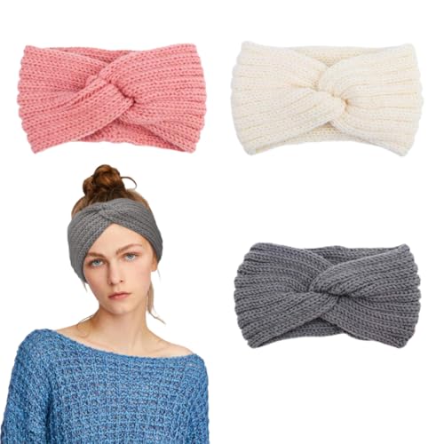 GHPKOTW Stirnband Damen，Stirnband Mädchen，3 Stück Stirnband Damen Winter Gestrickt Frauen Haarreifen Haarbänder Breit Ohrenwärmer Häkelarbeit Elastische Haarschmuck (Beige + Grau + Rosa) von GHPKOTW