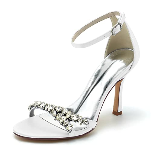 GHSIRUEU Brautschuhe Damen Knöchelriemen Stöckel Absatz Offener Zeh Sandalen Für Hochzeit Abschlussball,Weiß,37 EU von GHSIRUEU
