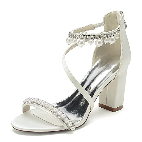 GHSIRUEU Brautschuhe Damen Offener Zeh Perle Knöchelriemen Hochzeit Kleid Abendschuhe Mit Blockabsatz,Elfenbein,41 EU von GHSIRUEU