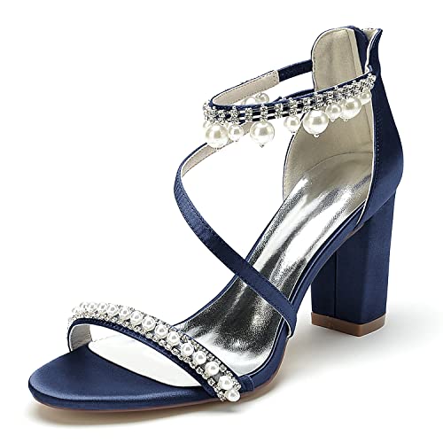 GHSIRUEU Brautschuhe Damen Offener Zeh Perle Knöchelriemen Hochzeit Kleid Abendschuhe Mit Blockabsatz,Marine,42 EU von GHSIRUEU