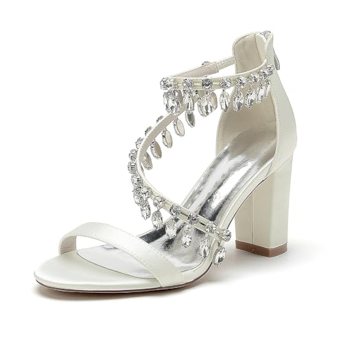 GHSIRUEU Brautschuhe Damen Offener Zeh Sandalen Reißverschluss Kristall Knöchelriemen Partei Abendschuhe,Elfenbein,37 EU von GHSIRUEU
