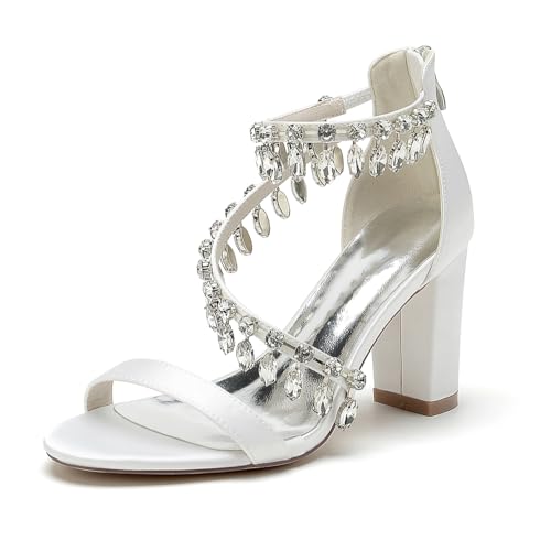 GHSIRUEU Brautschuhe Damen Offener Zeh Sandalen Reißverschluss Kristall Knöchelriemen Partei Abendschuhe,Weiß,38 EU von GHSIRUEU
